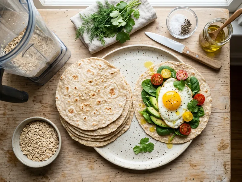 Stack of homemade oatmeal tortillas with a savory breakfast wrap and blender container