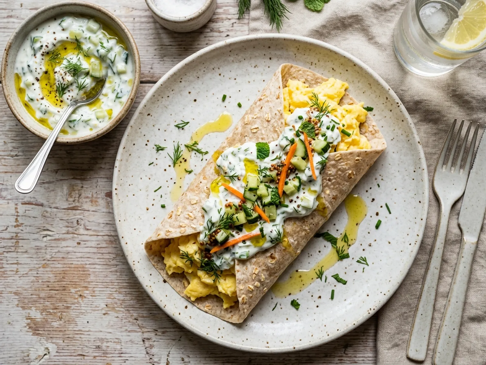 Korean tzatziki breakfast wrap with scrambled eggs and fermented cucumber yogurt sauce