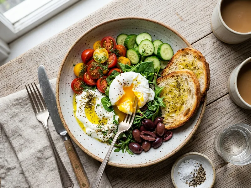 Savory Mediterranean breakfast bowl with poached eggs, tomatoes, cucumbers, yogurt, and sourdough